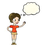 cartoon waving woman with thought bubble N47