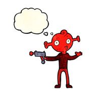 cartoon alien with ray gun thought bubble N4