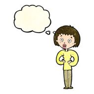 cartoon woman gesturing at self with thought bubble N9