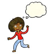 cartoon happy waving girl with thought bubble N4