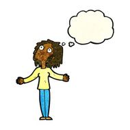 cartoon curious woman looking upwards with thought bubble N4