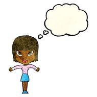 cartoon woman shrugging with thought bubble N19
