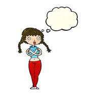 cartoon offended woman covering herself with thought bubble N4