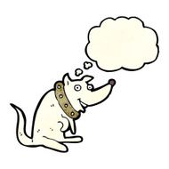 cartoon happy dog in big collar with thought bubble N2