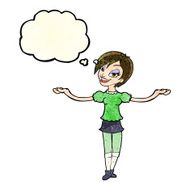 cartoon woman making open arm gesture with thought bubble N4