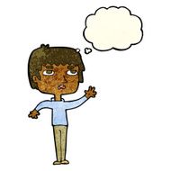 cartoton unhappy boy waving with thought bubble N2