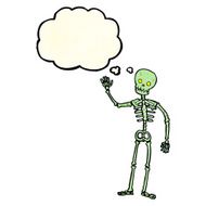 cartoon waving skeleton with thought bubble N4