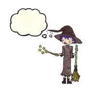 cartoon witch casting spell with thought bubble N8