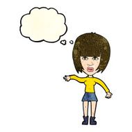 cartoon woman waving away with thought bubble N3