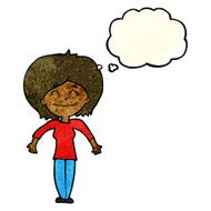 cartoon woman shrugging shoulders with thought bubble N144