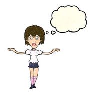 cartoon woman shrugging shoulders with thought bubble N146