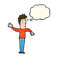 cartoon happy waving man with thought bubble N4