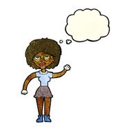 cartoon waving woman wearing spectacles with thought bubble N4