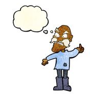 cartoon angry old man in patched clothing with thought bubble N4