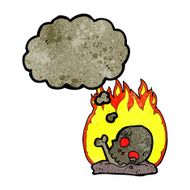 cartoon burning old bones with thought bubble N2