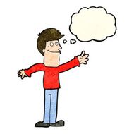 cartoon happy man waving with thought bubble N12