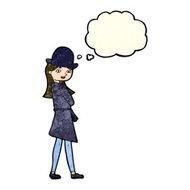 cartoon female spy with thought bubble N8