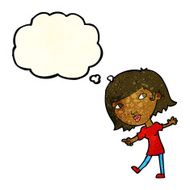 cartoon happy girl gesturing to follow with thought bubble N4