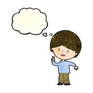 cartoon unhappy boy giving peace sign with thought bubble N4