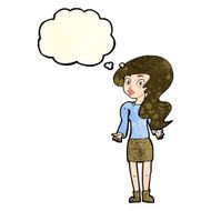 cartoon woman shrugging shoulders with thought bubble N148
