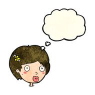 cartoon surprised female face with thought bubble N20