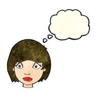 cartoon worried female face with thought bubble N4