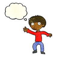 cartoon boy waving warning with thought bubble N4