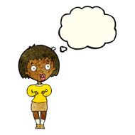 cartoon woman making Who Me? gesture with thought bubble N14