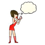 cartoon woman applying lipstick with thought bubble N3