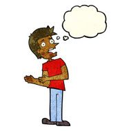 cartoon man making excuses with thought bubble N4