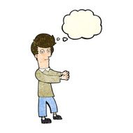 cartoon bored man showing the way with thought bubble N3