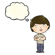cartoon happy man with folded arm thought bubble N4