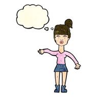 cartoon woman making dismissive gesture with thought bubble N8