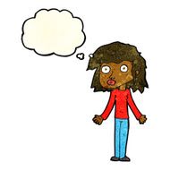 cartoon girl shrugging shoulders with thought bubble N10