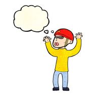 cartoon security man panicking with thought bubble N3
