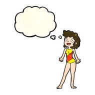 cartoon woman in swimming costume with thought bubble N4