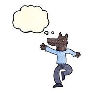 cartoon happy wolf man with thought bubble N5