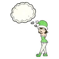 cartoon woman in christmas elf costume with thought bubble N4