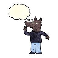 cartoon happy wolf man with thought bubble N6