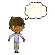 cartoon woman shrugging shoulders with thought bubble N151