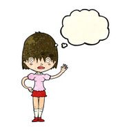 cartoon waving woman with thought bubble N48