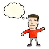 cartoon waving stressed man with thought bubble N4