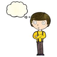 cartoon staring boy with folded arms thought bubble N4