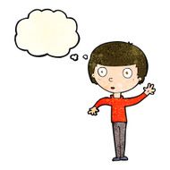 cartoon waving boy with thought bubble N7