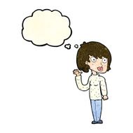 cartoon waving woman with thought bubble N50