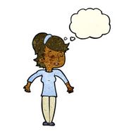cartoon friendly woman shrugging shoulders with thought bubble N4