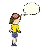 cartoon clever woman shrugging shoulders with thought bubble N3