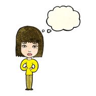 cartoon woman indicating self with thought bubble N3