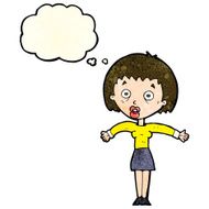 cartoon woman shrugging shoulders with thought bubble N154