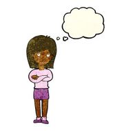cartoon friendly girl rolling eyes with thought bubble N4
